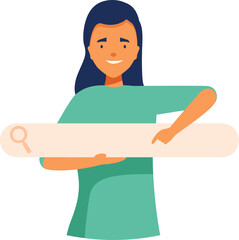 Woman holding search bar with magnifier glass pointing at it smiling character design illustration