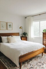 A photo of the mid-century modern interior of a house bedroom with a white-walled room and comfortable bed. Generative AI
