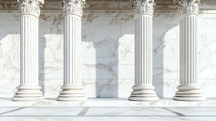 Obraz premium Four white marble columns with intricate carvings stand tall against a backdrop of white marble wall with subtle veining.
