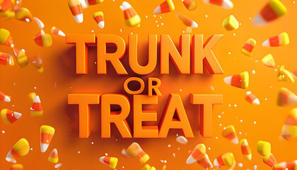 3D Halloween Promotional Graphic Featuring 'Trunk or Treat' with Flying Candy Corn
