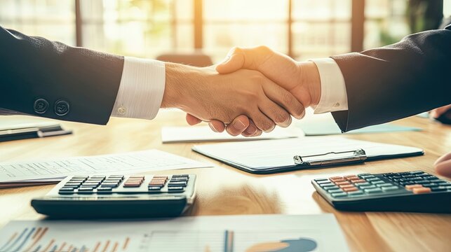 Businessmen shaking hands over paperwork on a wooden table