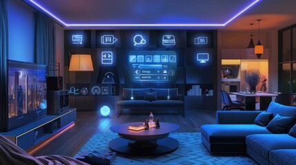 Futuristic Smart Home Living Room with Neon Lights