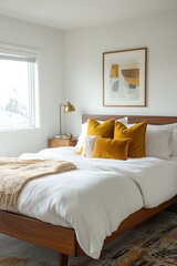 A photo of a mid century modern interior in a cozy bedroom with white walls hanging with art frames and a bed for sleeping. Generative AI

