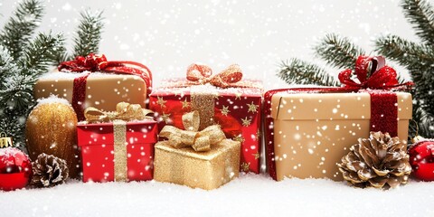 A festive Christmas gift box with snow and ribbons, perfect for the holiday season