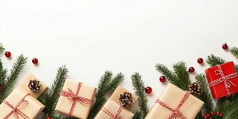 Santa Claus surrounded by gifts and decorations on a festive Christmas background