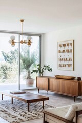 Fototapeta premium Minimalist, Scandinavian interior with art frames hanging and chairs and wood cabinets. Generative AI 