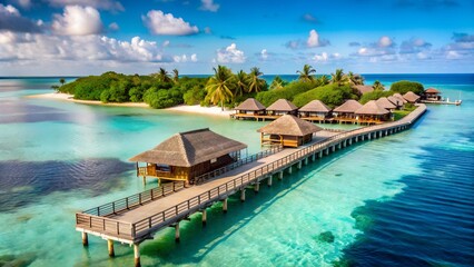 Obraz premium captivating aerial view of a secluded island resort, showcasing luxurious overwater bungalows perched above the crystal-clear turquoise waters