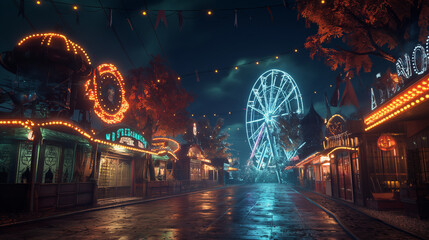 Halloween Carnival, a creepy carnival with a haunted ferris wheel, eerie lights, and carnival games, Halloween, with copy space