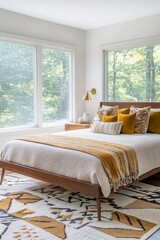 A photo of the mid-century modern interior of a house bedroom with a white-walled room and comfortable bed. Generative AI
