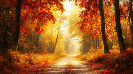 Obraz premium Serene autumn pathway lined with vibrant orange and yellow foliage, illuminated by soft sunlight filtering through trees