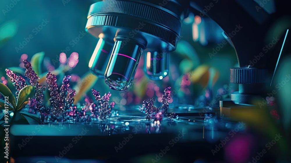 Poster close-up of a microscope lens focusing on small, shiny, flower-like objects