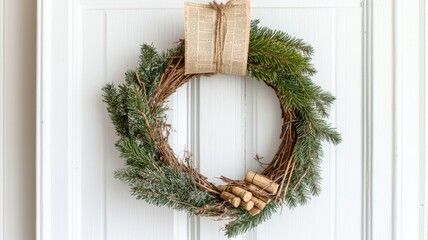 Recycled Christmas wreath made from old newspapers, wine corks, and twine, with pine branches, hanging on a white door for an eco-conscious holiday display. Christmas, New Year