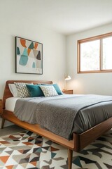 A bedroom with an art frame hanging over it. A photo of a mid century modern interior in a bedroom with a bed with grey sheets. Generative AI
