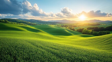Fototapeta premium Serene landscape at sunrise with rolling green hills and trees.