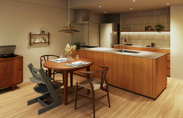 子育て夫婦の夜のダイニングキッチン　北欧アンティーク　お洒落なインテリア