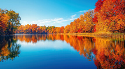 Obraz premium Tranquil autumn landscape reflecting vibrant trees in a serene lake under a clear blue sky