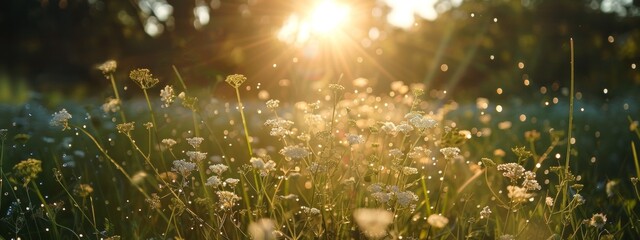 Meadow of wildflowers in golden sunlight with bokeh