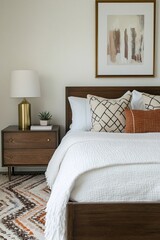 A photo of the mid-century modern interior of a house bedroom with a white-walled room and comfortable bed. Generative AI
