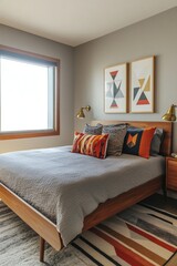 A bedroom with an art frame hanging over it. A photo of a mid century modern interior in a bedroom with a bed with grey sheets. Generative AI
