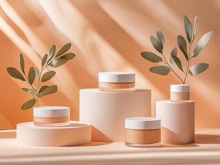Matte cosmetic containers arranged on peach-toned blocks, stylish product showcase, neutral palette, soft lighting, modern beauty packaging, skincare ad concept