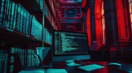 Computer in a Library Setting with Red and Blue Lighting