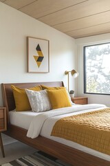 A photo of a mid century modern interior in a cozy bedroom with white walls hanging with art frames and a bed for sleeping. Generative AI
