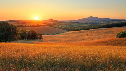 Obraz premium Serene sunset over rolling hills and vibrant fields.