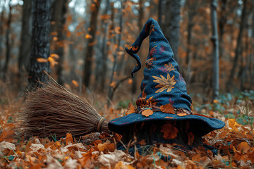 A detailed illustration of a witch's broom paired with a magical witch's hat