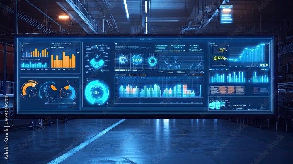 Poster futuristic digital display with financial data and graphs in a dark industrial setting