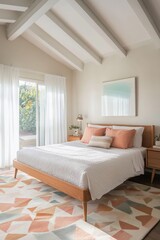 A photo of the mid-century modern interior of a house bedroom with a white-walled room and comfortable bed. Generative AI
