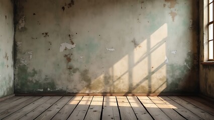 Rustic wooden floor with a textured, weathered wall in the background, creating a warm and inviting setting. Ideal for use in photography, design, or as a backdrop for creative projects.