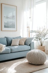 Minimalist, A mid century modern interior photo of a living room with white walls hanging with art frames and knit pups and comfortable sofas. Generative AI