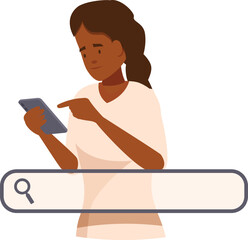 Young woman browsing internet on smartphone, using search bar to find specific information