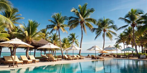 Fototapeta premium a luxurious resort pool overlooking the vast ocean, framed by swaying palm trees and inviting lounge chairs