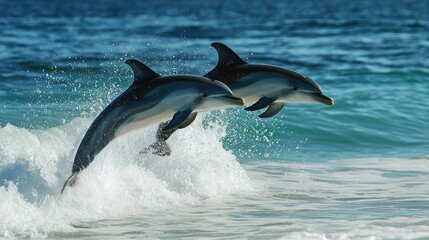 A clear shot of dolphins leaping out of the water near the shore, with the beach and ocean blending into the horizon.