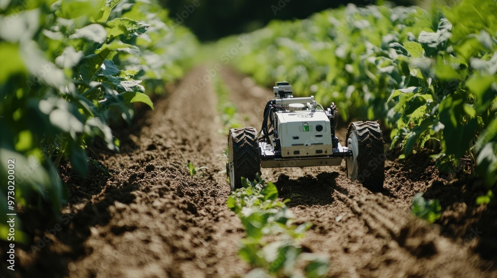 Aufkleber a close-up of an agricultural robot performing weeding operations between crop rows, demonstrating p