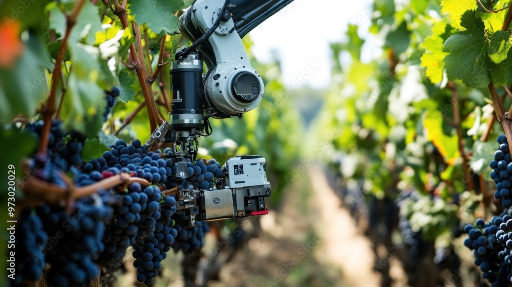 Poster a compact agricultural robot performing vine pruning in a winery, programmed to make precise cuts th