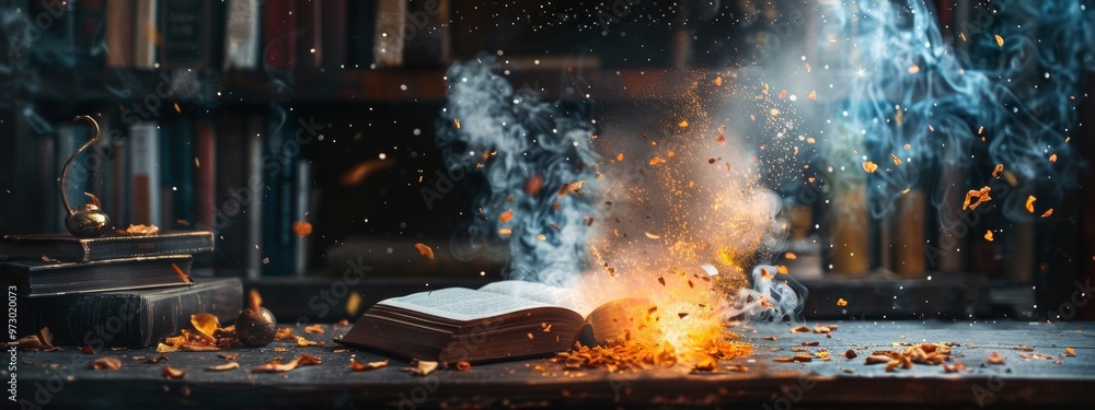 Poster old book exploding with magical particles and smoke