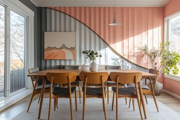 Fototapeta premium A mid century modern interior with dining room dining table and chairs finished with color panels. Generative AI 