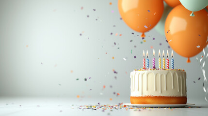 Festive Birthday Celebration: Colorful Cake with Candles Surrounded by Balloons and Confetti, Perfect for Personalizing with Custom Text – Ideal for Invitations, Greetings, and Party Decorations.