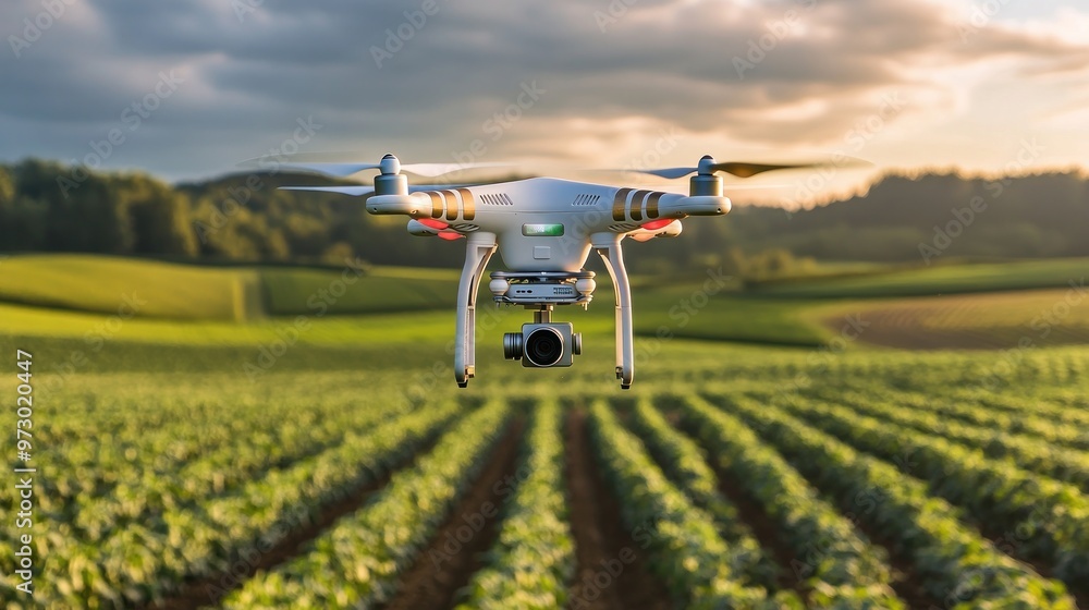 Poster a drone equipped with infrared cameras flying over a crop field to monitor growth and detect any irr
