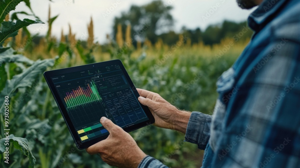Poster a farmer examining real-time data on a tablet using farm management software, displaying crop growth