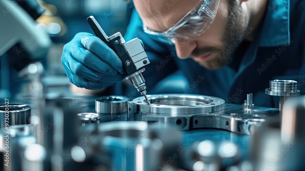 Poster close-up of a mechanic inspecting a metal part with a gauge in a factory.