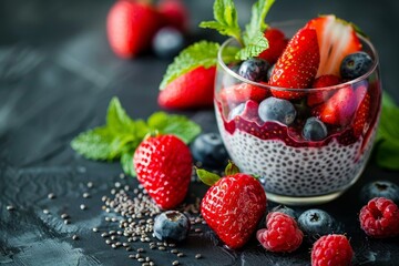 Healthy vanilla chia pudding in a glass with fresh berries