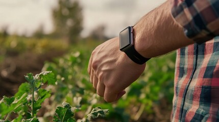 A farmer receiving real-time notifications on a smart watch about the optimal time for harvesting based on weather forecasts and crop readiness signals from field sensors