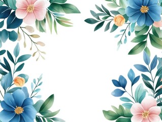 A beautiful floral border featuring soft blue and pink flowers with lush green leaves, perfect for invitations or stationery.