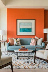 A mid century modern interior photo of a residential living room with an art frame hanging on an orange wall and bright colors with a sky blue sofa and cushion. Generative AI
