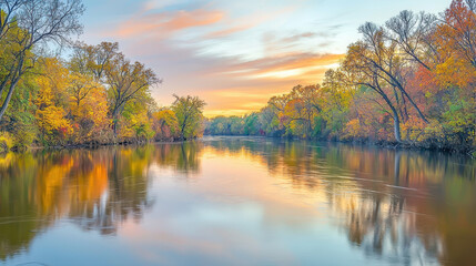 Obraz premium Serene river landscape at sunset with vibrant autumn foliage reflecting on calm waters in a tranquil rural setting