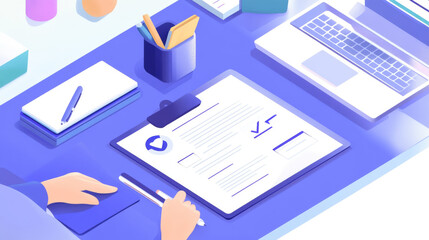 A content creator signing a contract with a brand for a paid partnership while other monetization tools are displayed on their desk