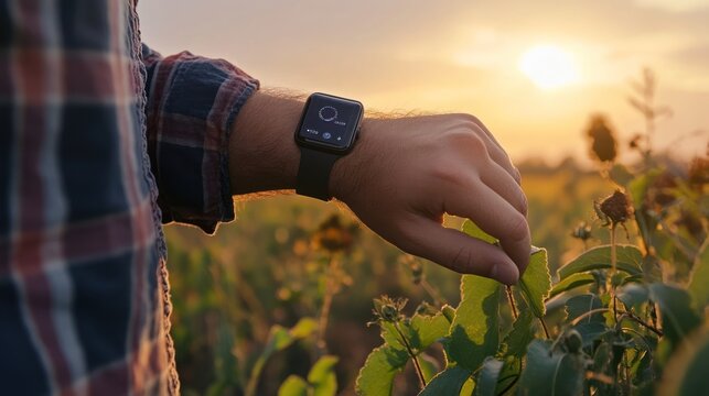 A farmer receiving real-time notifications on a smart watch about the optimal time for harvesting based on weather forecasts and crop readiness signals from field sensors - Powered by Adobe